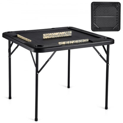 Mahjongbord, fyrkantigt hopfällbart kortbord för 4 spelare med 4 mugghållare och 4 markerbrickor, bärbart dominospelbord med 1 uppsättning dominobrickor för Mahjong Poke-pussel, 35,4 x 35,4 tum, svart