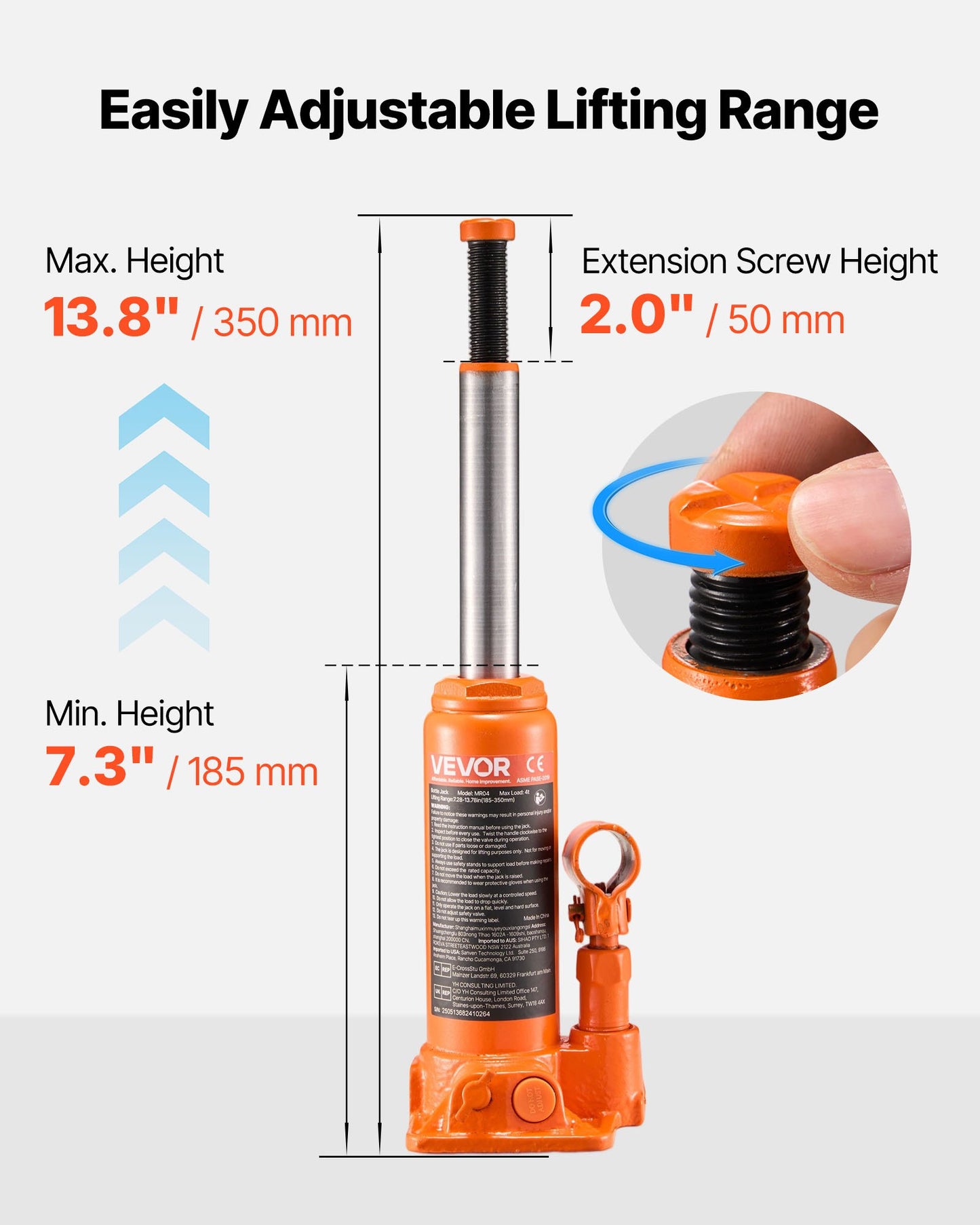 Hydraulisk flaskdomkraft, 4 ton lastkapacitet, 185-350 mm lyfträckvidd, kraftig hydraulisk svetsad flaskdomkraft för bil, SUV, pickup, bilreparationer, huslyft och jordbruksutrustning, orange