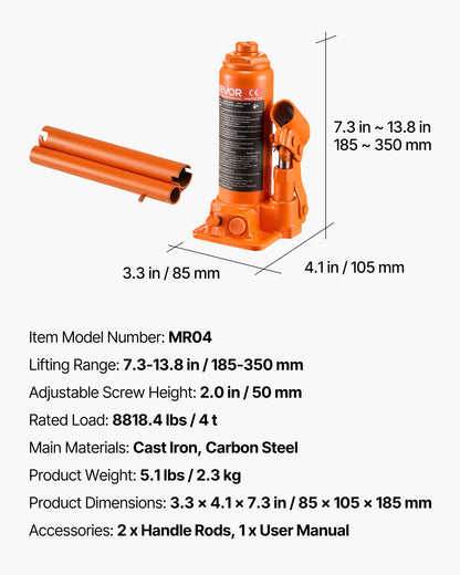 Hydraulisk flaskdomkraft, 4 ton lastkapacitet, 185-350 mm lyfträckvidd, kraftig hydraulisk svetsad flaskdomkraft för bil, SUV, pickup, bilreparationer, huslyft och jordbruksutrustning, orange