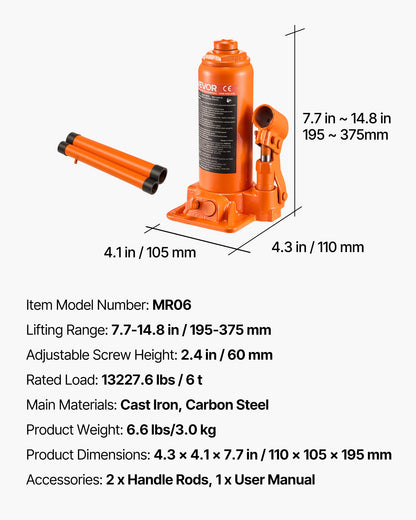 Hydraulisk flaskdomkraft, 6 tons lastkapacitet, 195-375 mm lyftområde, kraftig hydraulisk svetsad flaskdomkraft för bil, SUV, pickup, bilreparationer, huslyft och jordbruksutrustning, orange