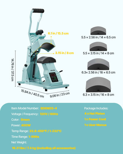 Hattvärmepress, med 4 utbytbara plattor, exakt temperatur- och tidskontroll, hattpress för HTV-strykning och sublimeringsprojekt, för mössor, pannband, manschetter, ansiktsmasker, grön