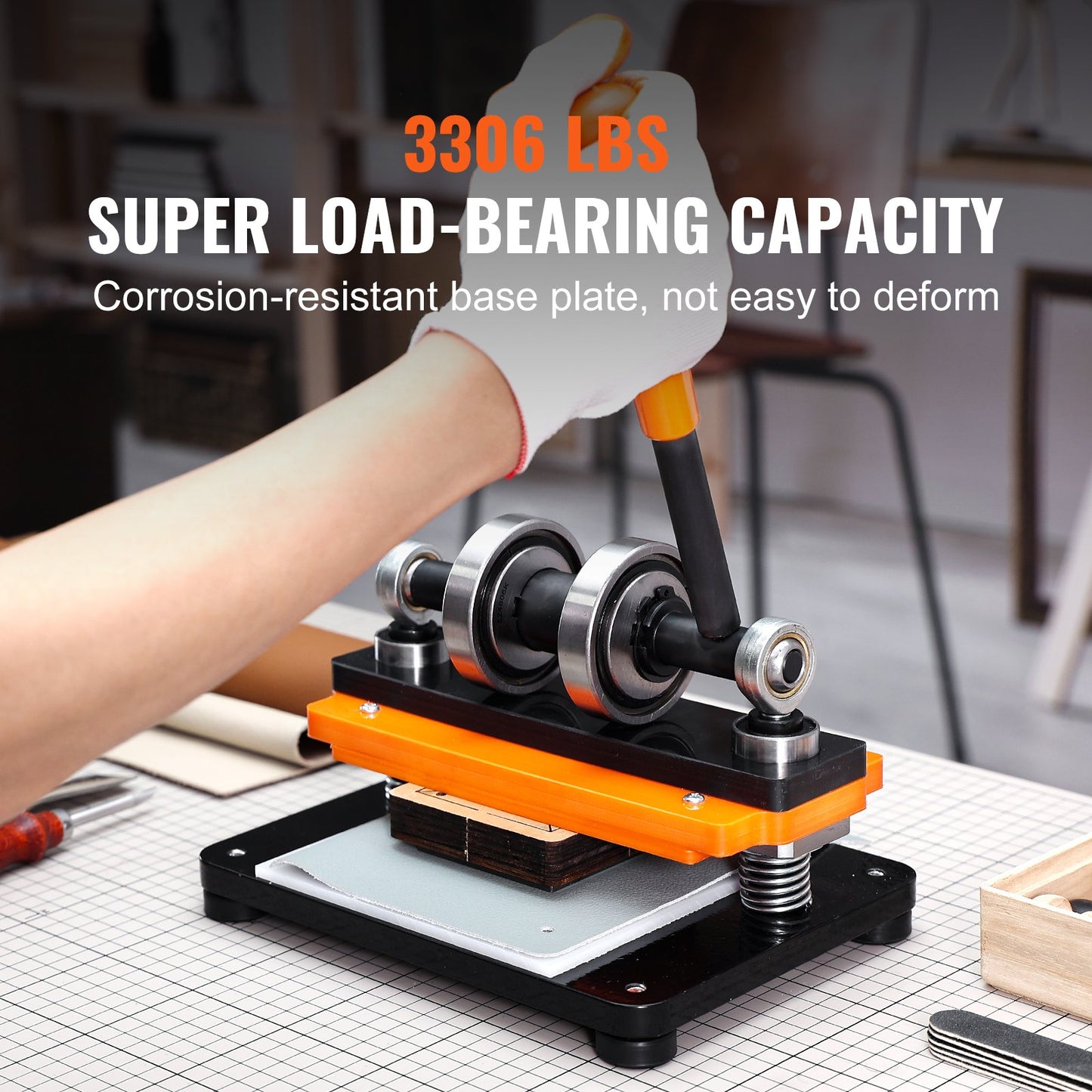 Läderskärmaskin, 18 x 10 cm präglingsplatta, manuell stans, 1,2 cm tryckslag för läderprägling, stansmaskin med dubbla styraxlar för olika material