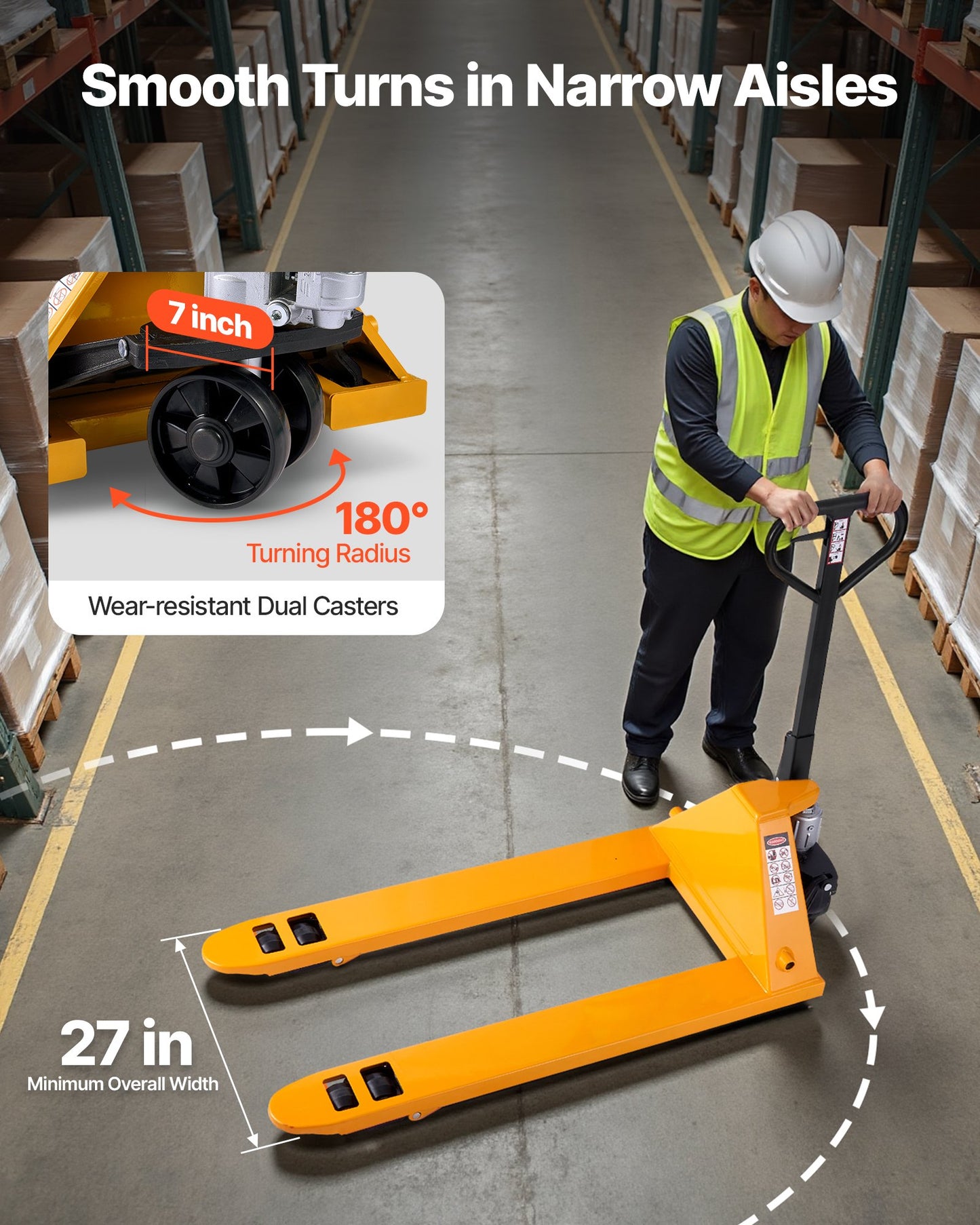 Palltruck, 2,5 ton lastkapacitet, manuell palltruck med gafflar på 122 l x 68,6 b cm för materialhantering, lyfthöjd 85–180 mm, lämplig för lager, stormarknad, tillverkning