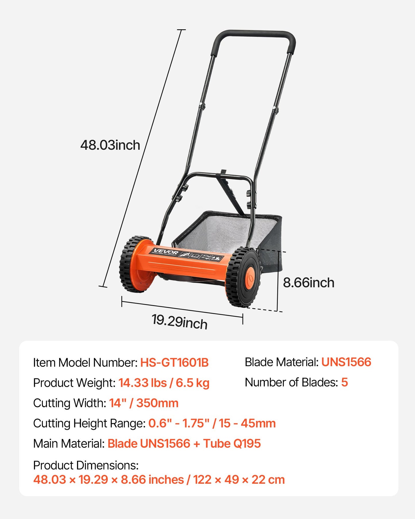 Gräsklippare med hjul 35 cm, 5 knivar, manuell gräsklippare utan motor, 15-45 mm justerbar klipphöjd, gräsklippare med gräsuppsamlare för gröna gräsmattor, uppfarter, gårdar