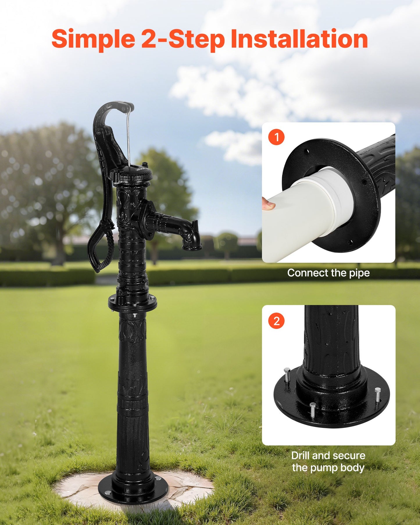 Brunnshandpump, 6 meter maxlyft, manuell handvattenpump i antik gjutjärn med höjningsbas, NPT 3,5 mm anslutning, enkel installation, för utomhusträdgård, damm, gård, gård, svart