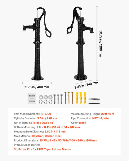 Brunnshandpump, 6 meter maxlyft, manuell handvattenpump i antik gjutjärn med höjningsbas, NPT 3,5 mm anslutning, enkel installation, för utomhusträdgård, damm, gård, gård, svart