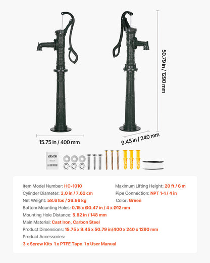 Brunnshandpump, 6 meter maxlyft, manuell handvattenpump i antik gjutjärn med höjningsbas, NPT 3,5 mm anslutning, enkel installation, för utomhusträdgård, damm, gård, gård, grönområden