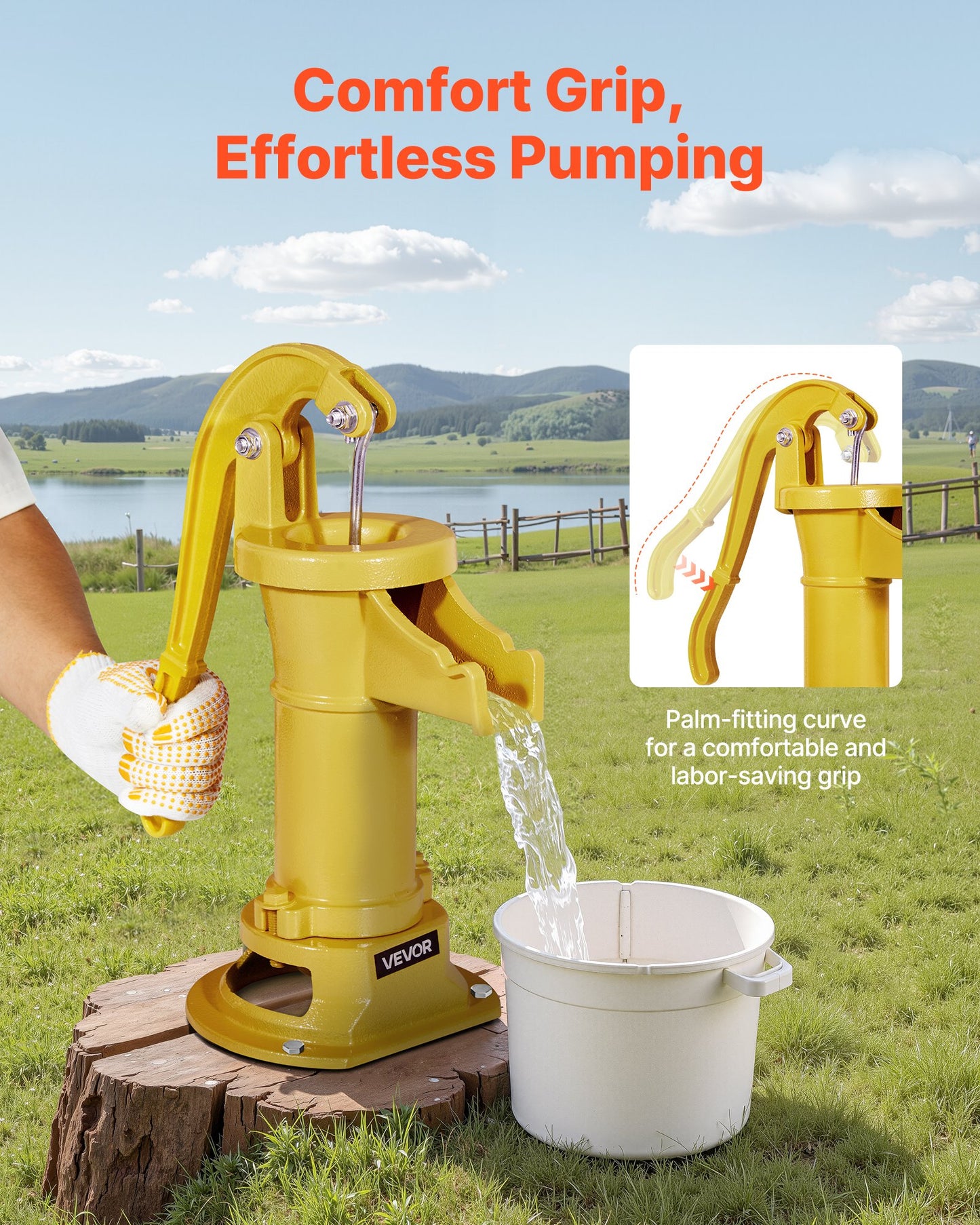 Brunnshandpump, 25 fot maximal lyfthöjd, antik gjutjärnsmanuell handvattenpump, NPT 1-1/4 tums anslutning, enkel installation, gammaldags för utomhusträdgård, damm, bakgård, gård, gul