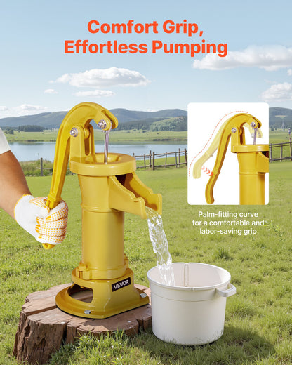 Brunnshandpump, 25 fot maximal lyfthöjd, antik gjutjärnsmanuell handvattenpump, NPT 1-1/4 tums anslutning, enkel installation, gammaldags för utomhusträdgård, damm, bakgård, gård, gul