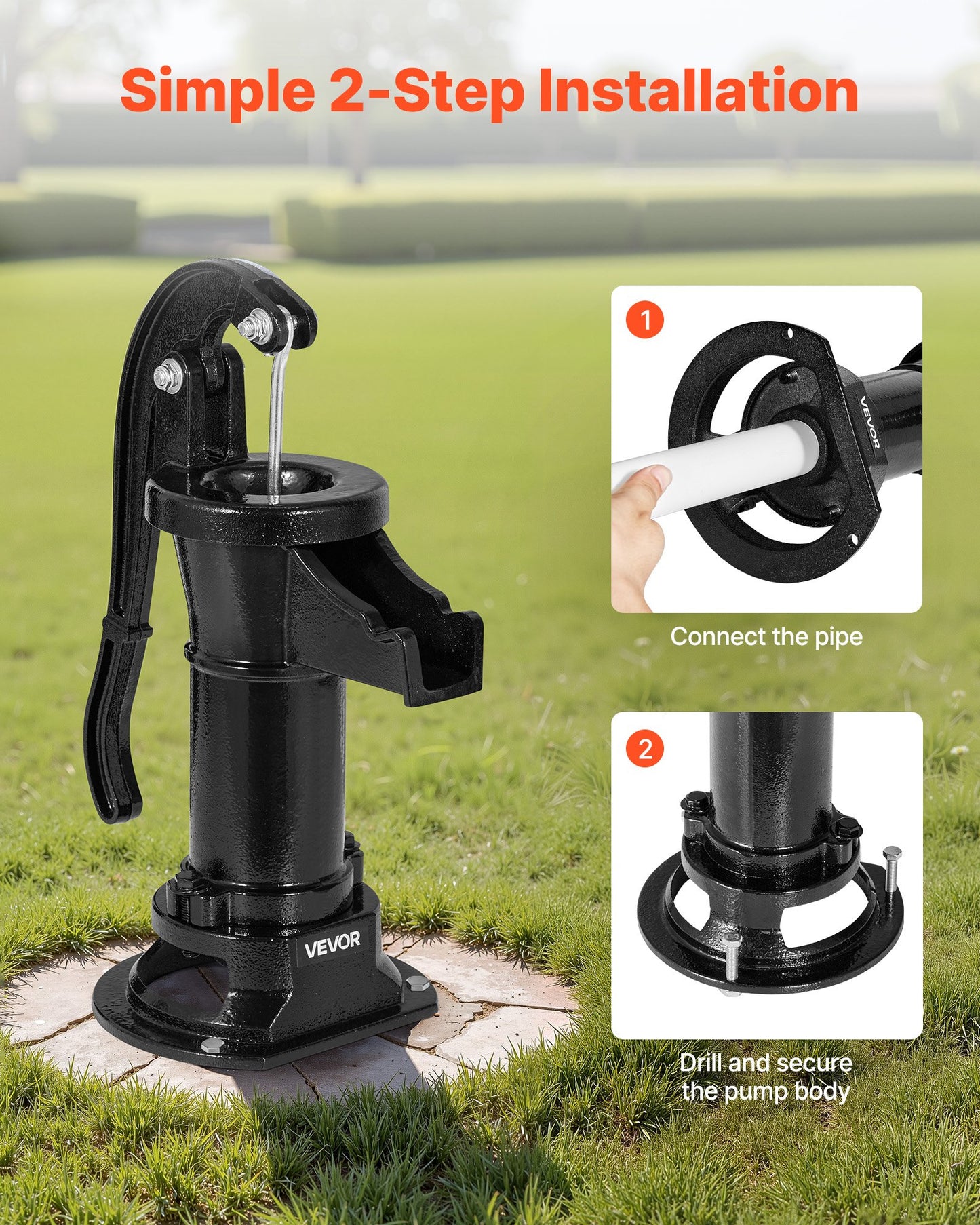 Brunnshandpump, 25 fot maximal lyfthöjd, manuell handvattenpump i antik gjutjärn, NPT 1-1/4 tums anslutning, enkel installation, gammaldags för utomhusträdgård, damm, bakgård, gård, svart