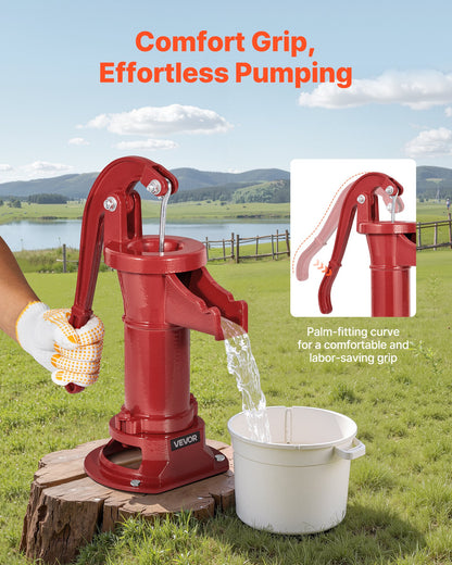 Brunnshandpump, 25 fot maximal lyfthöjd, manuell handvattenpump i antik gjutjärn, NPT 1-1/4 tums anslutning, enkel installation, gammaldags för utomhusträdgård, damm, bakgård, gård, röd