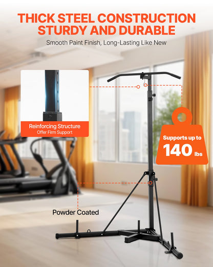 2-i-1-ställ för boxningssäck, kraftig träningsutrustning i stål, justerbar höjd för boxningsboxning med pull-up-stång, fristående sandsäcksställ, rymmer upp till 140 lbs, för hemmagym och fitness