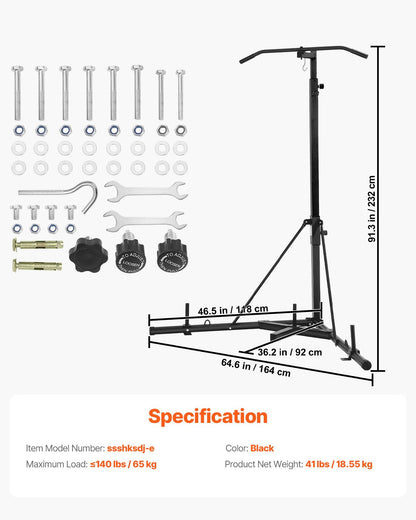 2-i-1-ställ för boxningssäck, kraftig träningsutrustning i stål, justerbar höjd för boxningsboxning med pull-up-stång, fristående sandsäcksställ, rymmer upp till 140 lbs, för hemmagym och fitness