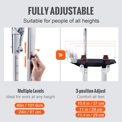 Gipsstöttor, 61 cm-102 cm justerbara verktygsstöttor i aluminium med skyddande knäskydd, slitstarka och halkfria arbetsstöttor för gipsskivor, gång, tejpning, silver
