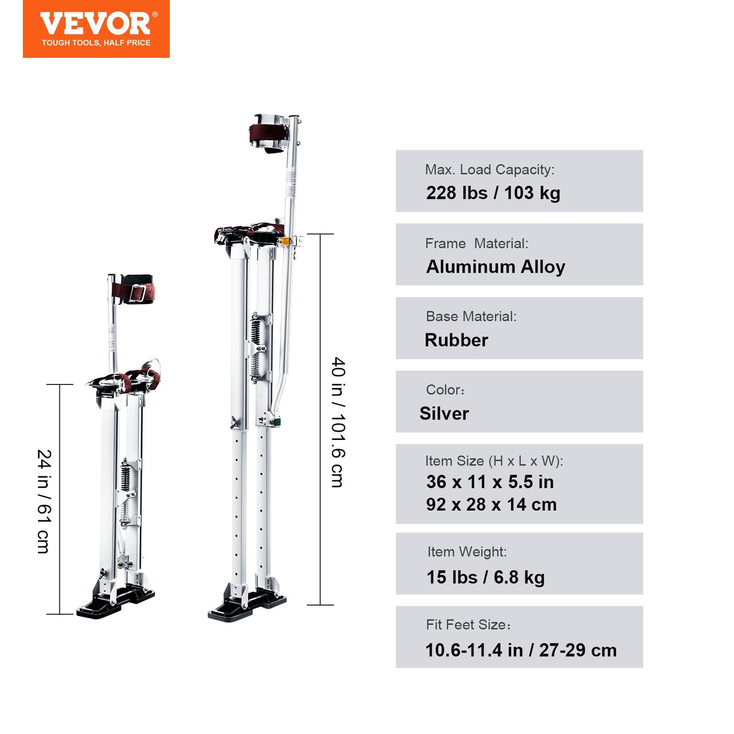 Gipsstöttor, 61 cm-102 cm justerbara verktygsstöttor i aluminium med skyddande knäskydd, slitstarka och halkfria arbetsstöttor för gipsskivor, gång, tejpning, silver