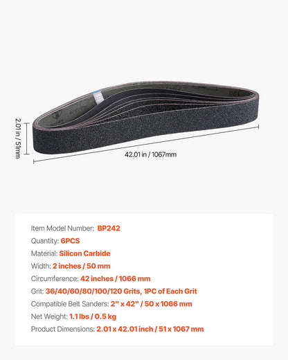 Slipband, 50 mm x 1066 mm bandslipband, 6 st (vardera 36 40 60 80 100 120 blandade korn) kiselkarbid för knivslipning, metallbearbetning, kompositer, plastbehandling