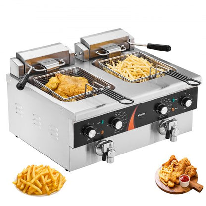 Kommersiell fritös, elektrisk bänkfritös med dubbla tankar, 3500W, 2 x 9Qt / 8,5L dubbeloljefritös med 2 korgar, 1 mm förtjockat rostfritt stål, tids- och temperaturkontroll, för köksrestaurangbruk