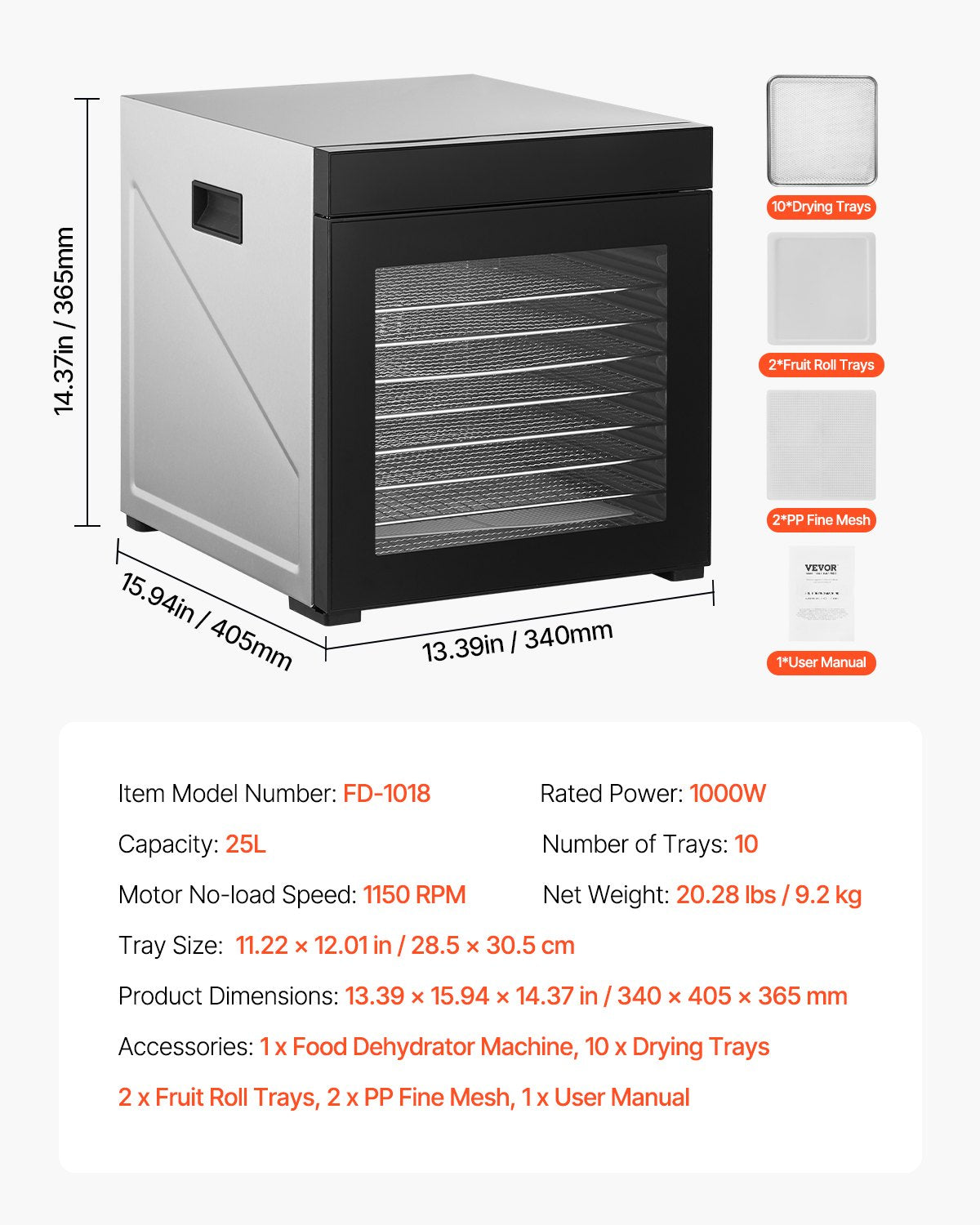 Livsmedelstorkmaskin, 10 rostfria stålbrickor, 1000W elektrisk livsmedelstork med justerbar temperatur och 24-timmars timer, frystork för jerky, kött, frukt, grönsaker, örter, hundgodis