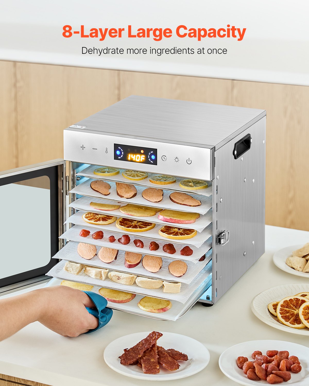 Livsmedelstorkmaskin, 8 rostfria stålbrickor, 400W elektrisk livsmedelstork med justerbar temperatur och 24-timmars timer, frystork för jerky, kött, frukt, grönsaker, örter, hundgodis