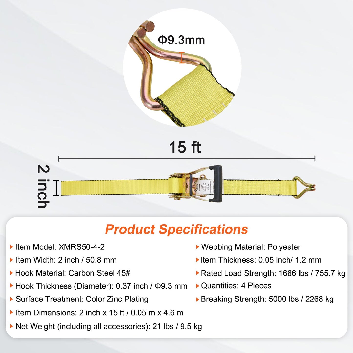 Spärrband (4-pack), 5000 lb brottstyrka, dubbel J-krok. Inkluderar 4 premium 2" x 15' spärrband med vadderade handtag, för förflyttning av last, apparater, trädgårdsutrustning.