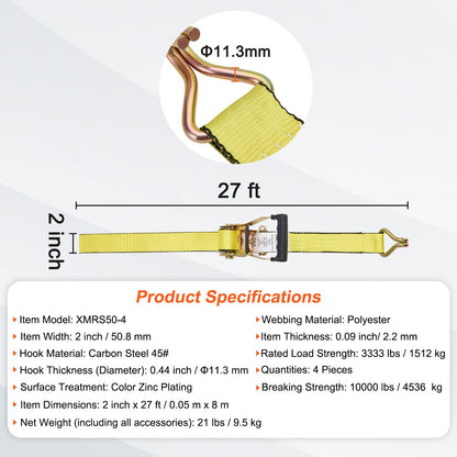 Spärrband (4-pack), 10000 lb brottstyrka, dubbel J-krok inkluderar 4 premium 2" x 27' spärrband med vadderade handtag, för förflyttning av last, apparater, trädgårdsutrustning