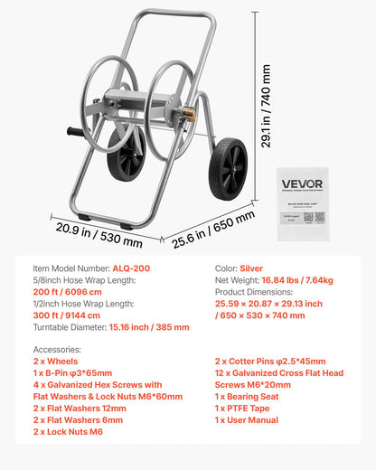 Water Hose Reel Cart, 6096/9144 cm High-Pressure Garden Hose Cart, Hoses Reel Carts with Two Wheels, Handle & Heavy-Duty Mesh Storage Basket, Portable Hoses Reels for Garden, Car, Pet Washing