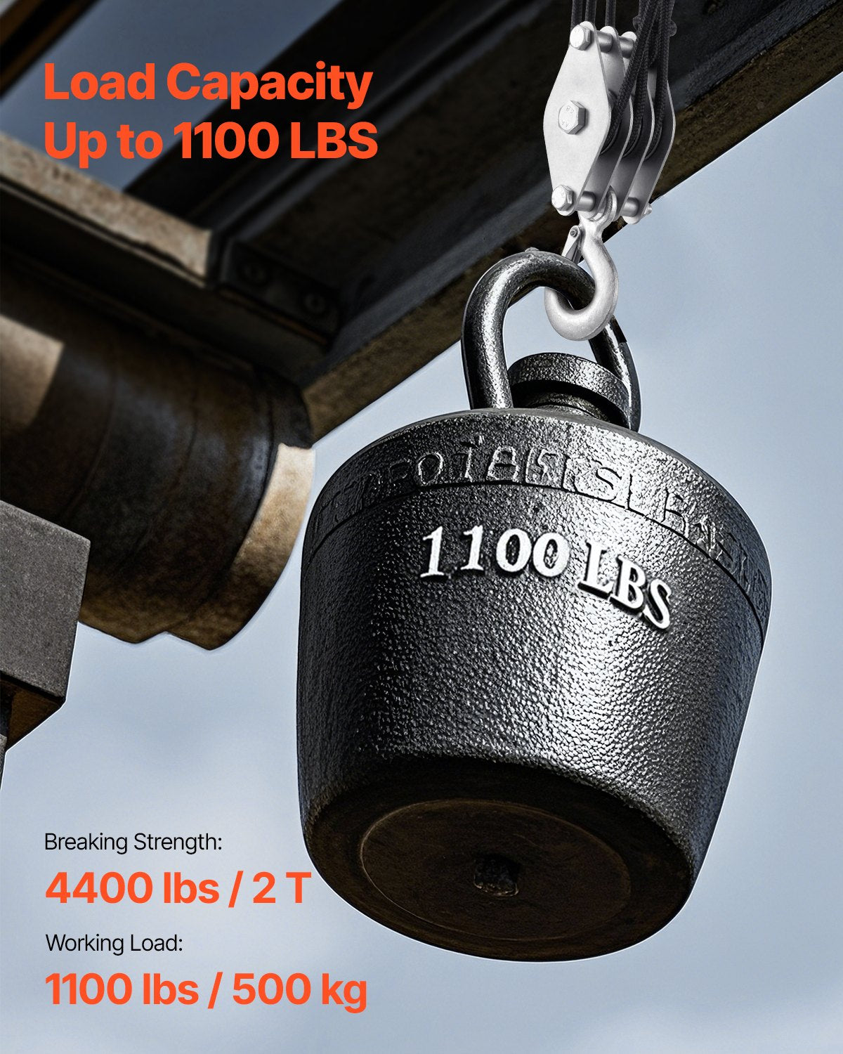 1800 kg brottstyrka, 30 m linlyft, 5:1 lyftkraft, kraftigt remsystem med 2 mjuka öglor, metallhjul med lagerstruktur, block och talja för lyft av tunga föremål
