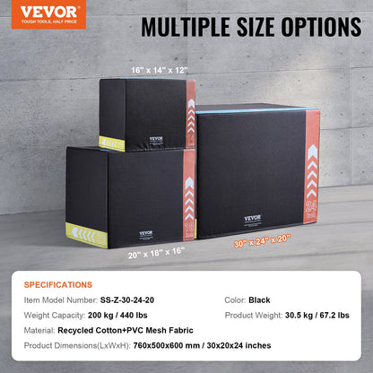 3 in 1 Plyometric Jump Box, 30/24/20 Inch Cotton Plyo Box, Platform & Jumping Agility Box, Anti-Slip Fitness Exercise Step Up Box for Home Gym Training, Conditioning Strength Training, Black