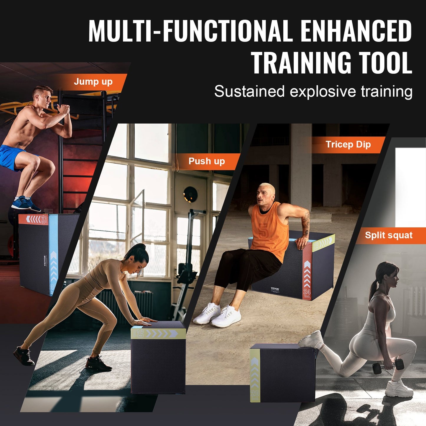 3-i-1 plyometrisk hopplåda, 30/24/20 tums skumplyobox, plattform och hoppningsagilitybox, halkfri fitnessövningsbox för hemmagymträning, konditionsstyrketräning, svart