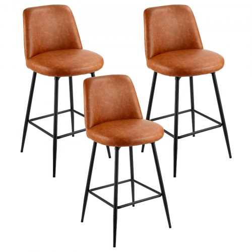Barstolsset om 3, 69 cm höga snurrstolar, modern barstol i PU-läder med ryggstöd och metallben, armstödslös barstol, barstol med ö för kök, matsal, brun