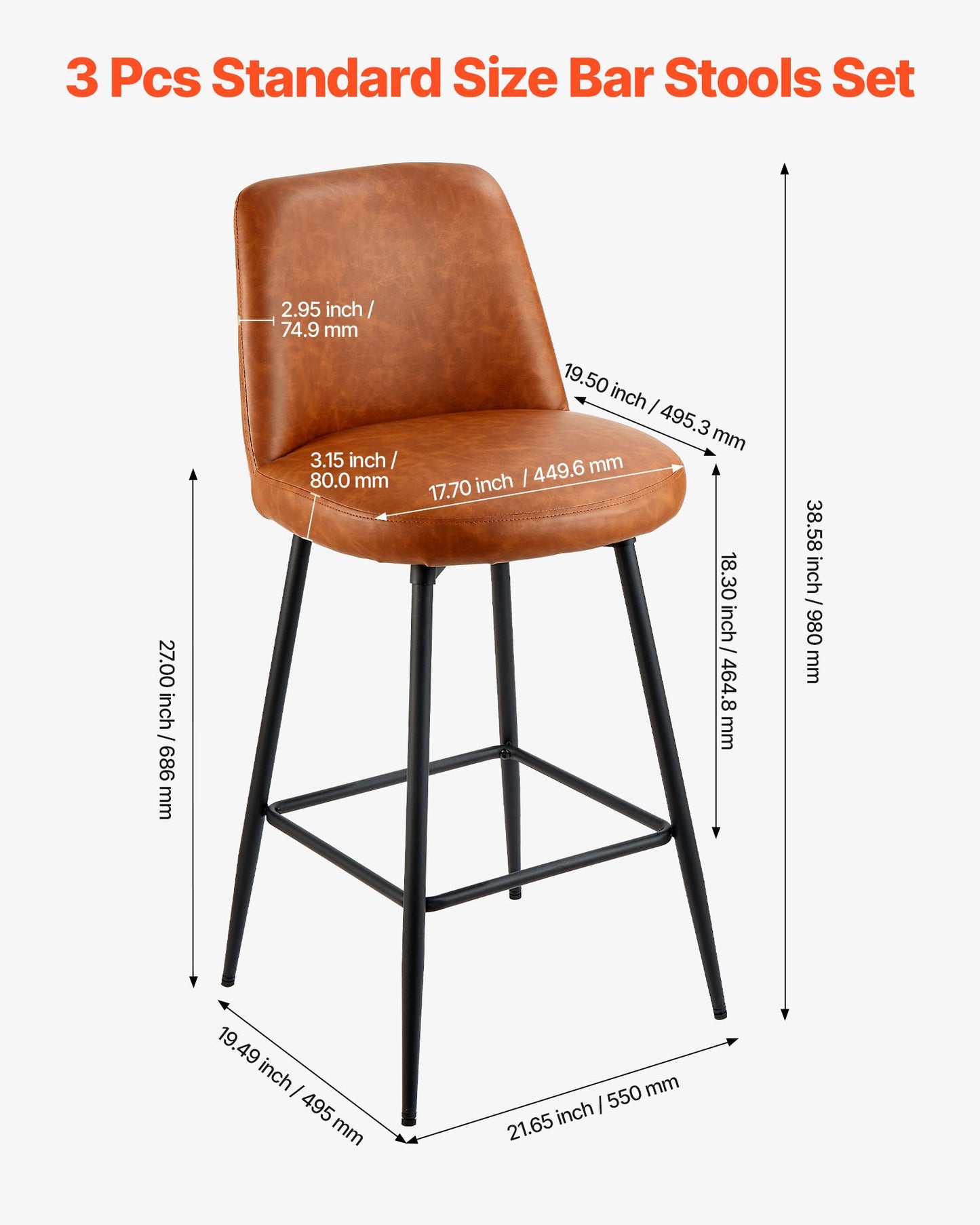 Barstolsset om 3, 69 cm höga snurrstolar, modern barstol i PU-läder med ryggstöd och metallben, armstödslös barstol, barstol med ö för kök, matsal, brun