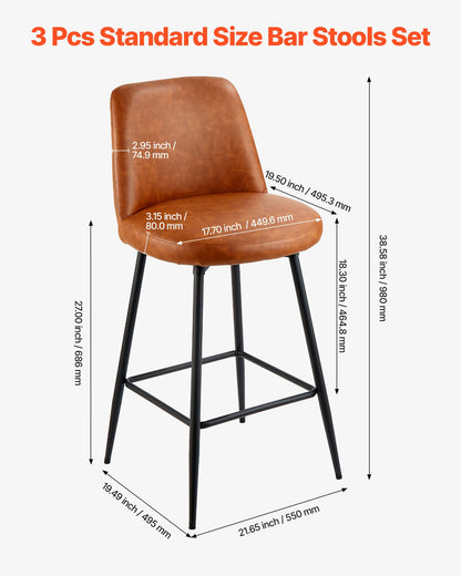 Barstolsset om 3, 69 cm höga snurrstolar, modern barstol i PU-läder med ryggstöd och metallben, armstödslös barstol, barstol med ö för kök, matsal, brun