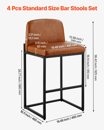 Barstolsset med 4, 68 cm barstolar i barhöjd, modern barstol i PU-läder med ryggstöd, metallben, enkel montering, armstödslös barstol, barstol med köksö och matsal, brun