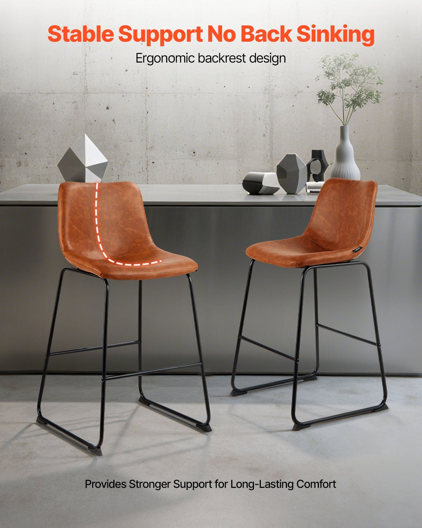 Barstolsset med 4, 65 cm barstolar i barhöjd, modern barstol i PU-läder med ryggstöd, metallben, enkel montering, armstödslös barstol, barstol med köksö, matsal, brun