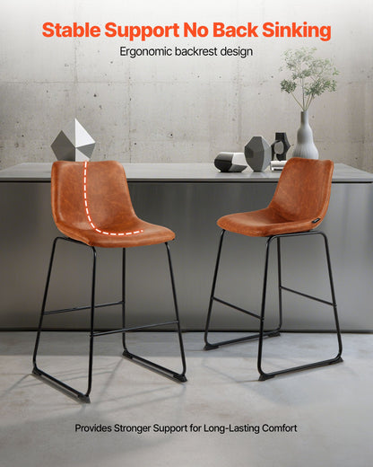 Barstolsset med 4, 65 cm barstolar i barhöjd, modern barstol i PU-läder med ryggstöd, metallben, enkel montering, armstödslös barstol, barstol med köksö, matsal, brun