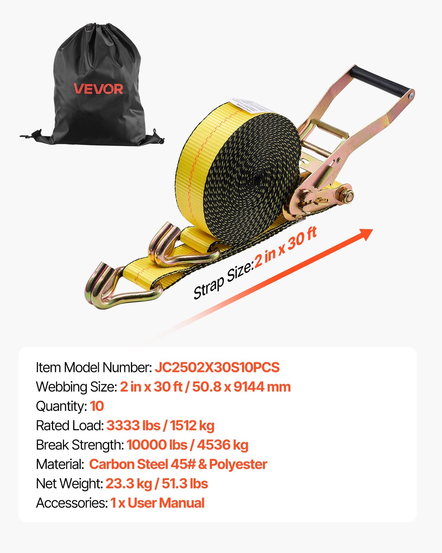 Ratchet Straps, 50.8 mm x 9.1 m, Heavy Duty Tie Down Straps with Double J Hook, 4536 kg Break Strength, Tie Down Ratcheting for Moving, Trailers, Motorcycles, Kayaks, Car Roof, 10 Pack