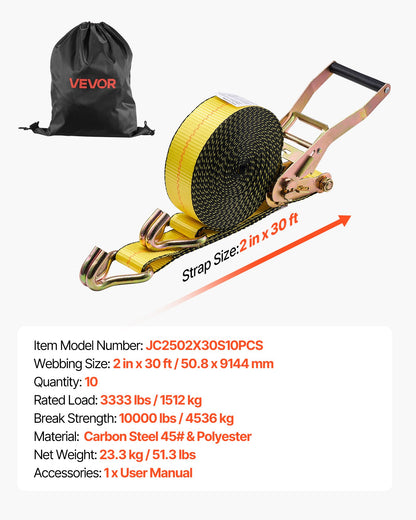 Ratchet Straps, 50.8 mm x 9.1 m, Heavy Duty Tie Down Straps with Double J Hook, 4536 kg Break Strength, Tie Down Ratcheting for Moving, Trailers, Motorcycles, Kayaks, Car Roof, 10 Pack