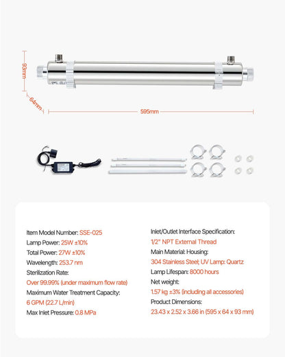 UV-vattenrenare, 25W 6GPM, 220V mångsidigt ultraviolett vattenrenarfilter med hölje i rostfritt stål, UV-vattenfilter för hela huset med kvartshylsa, lämplig för dusch/drickande/rengöring