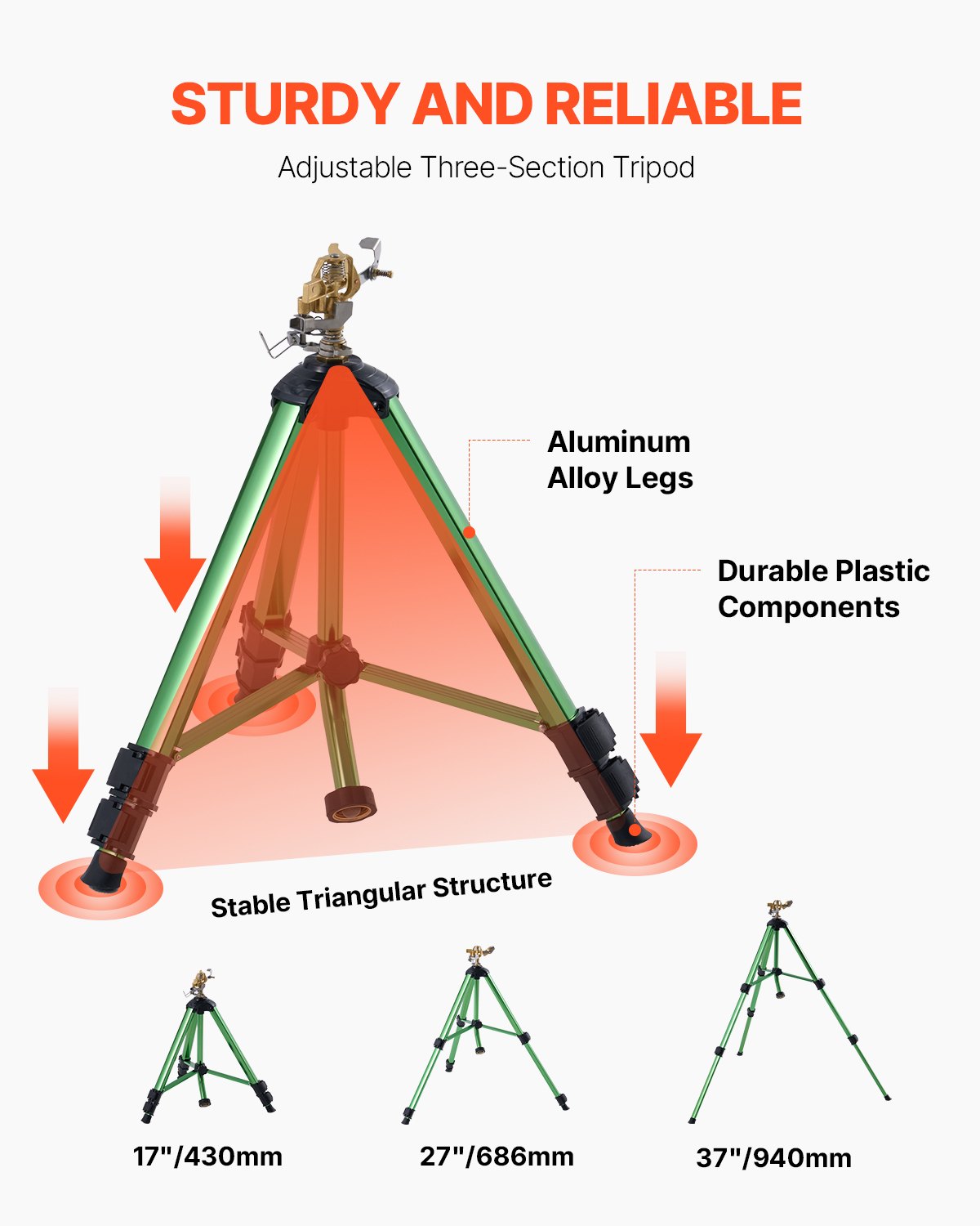 Slagspridare på stativbas, 2-pack, kraftiga stativspridare med mässingshuvud och G3/4"-koppling, 360 graders bevattningsspridare för stora ytor, justerbar höjd för trädgården