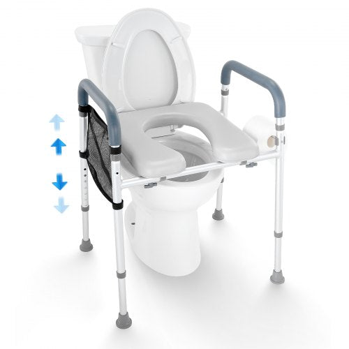 Toalettsits med upphöjd sits, 7 lägens höjdjustering 490–640 mm, 158,7 kg viktkapacitet, med komfortstoppad aluminiumram, universell toalettsitsförhöjare, för äldre, handikappade, gravida, sjukvårdspersonal