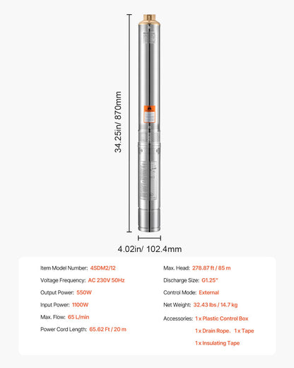 Dränkbar djupbrunnspump, 550 W uteffekt, 230 V, 65 l/min flöde 85 m (279 fot) tryckhöjd, med 20 m (65,62 fot) sladd, extern kontrollbox, vattenpump i rostfritt stål, för industriell bevattning och hemmabruk, IP68