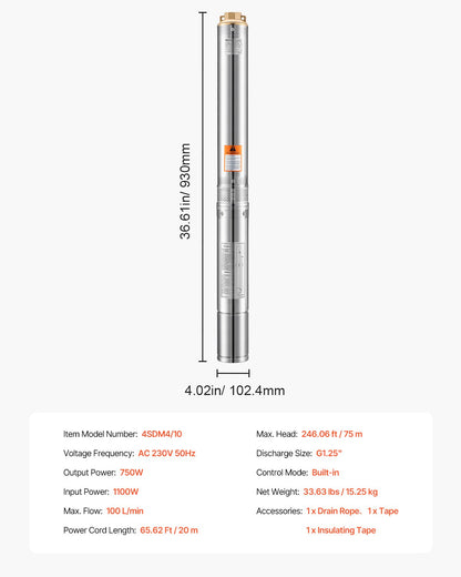 Dränkbar djupbrunnspump, 750 W uteffekt, 230 V, 100 l/min flöde, 75 m (246 fot) tryckhöjd, med 20 m (65,62 fot) sladd, vattenpump i rostfritt stål, för industriell bevattning och hemmabruk, IP68 vattentät klass