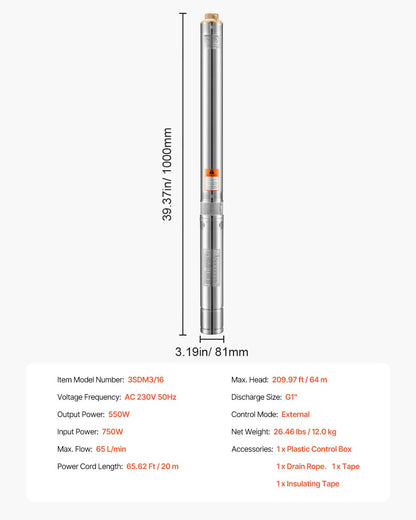 Dränkbar djupbrunnspump, 550 W uteffekt, 230 V, 65 l/min flöde, 64 m (210 fot) tryckhöjd, med 20 m (65,62 fot) sladd, extern kontrollbox, vattenpump i rostfritt stål, för industriell bevattning och hemmabruk, IP68