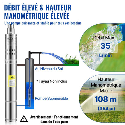 Dränkbar djupbrunnspump, 550W 230V/50Hz, 35L/min 108 m huvudsandbeständig <5%, 20 m elkabel, 7,6 cm vattenpumpar i rostfritt stål för industri, bevattning och hemmabruk, IP68 vattentät