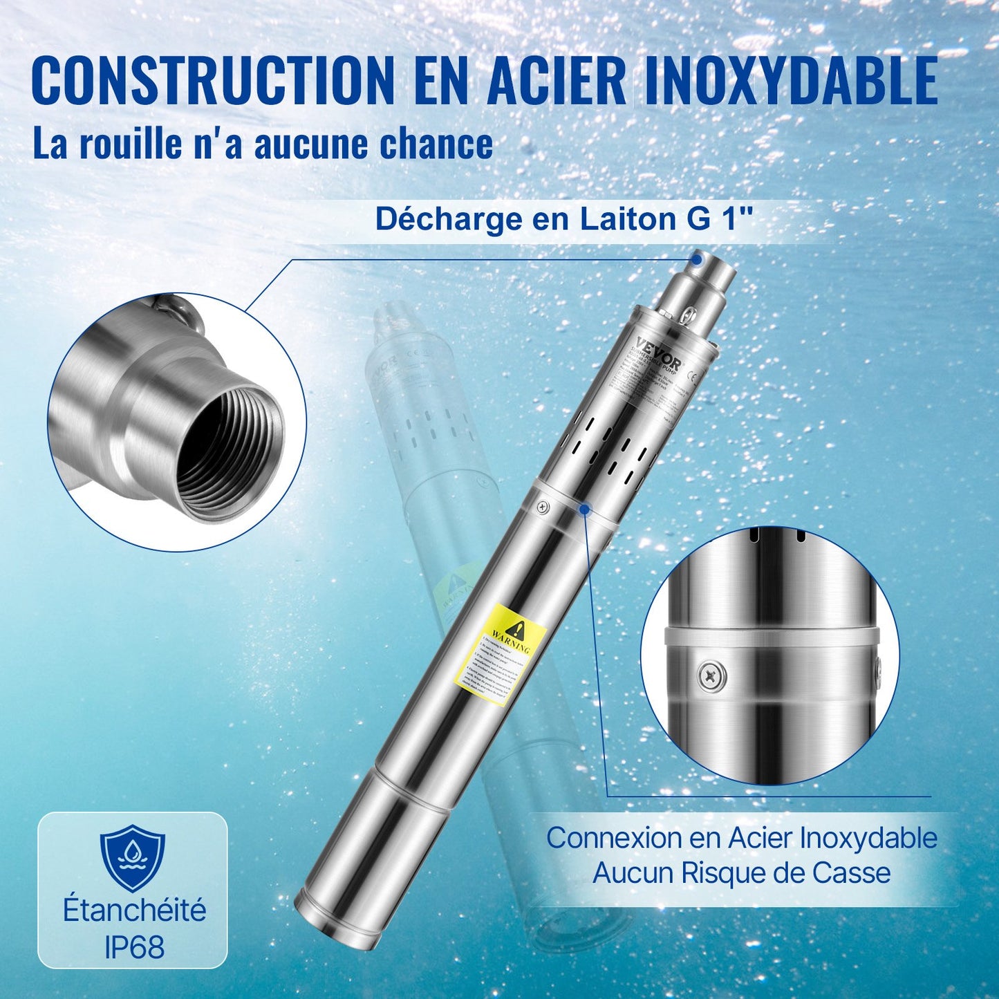 Dränkbar djupbrunnspump, 550W 230V/50Hz, 35L/min 108 m huvudsandbeständig <5%, 20 m elkabel, 7,6 cm vattenpumpar i rostfritt stål för industri, bevattning och hemmabruk, IP68 vattentät