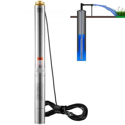 Dränkbar djupbrunnspump, 2 hk/1500 W 230 V/50 Hz, 9,8 m³/h flöde 108 m tryckhöjd, med 9,1 m elsladd, vattenpumpar i rostfritt stål för industri, bevattning och hemmabruk, IP68 vattentät klass