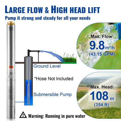 Dränkbar djupbrunnspump, 2 hk/1500 W 230 V/50 Hz, 9,8 m³/h flöde 108 m tryckhöjd, med 9,1 m elsladd, vattenpumpar i rostfritt stål för industri, bevattning och hemmabruk, IP68 vattentät klass
