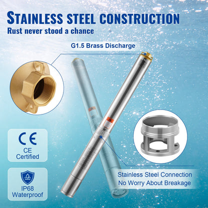Dränkbar djupbrunnspump, 2200W 230V, 9,8 m³/h flöde 144 m tryckhöjd, med 19,4 m sladd och extern kontrollbox, vattenpumpar i rostfritt stål för industriell bevattning och hemmabruk, IP68 vattentät