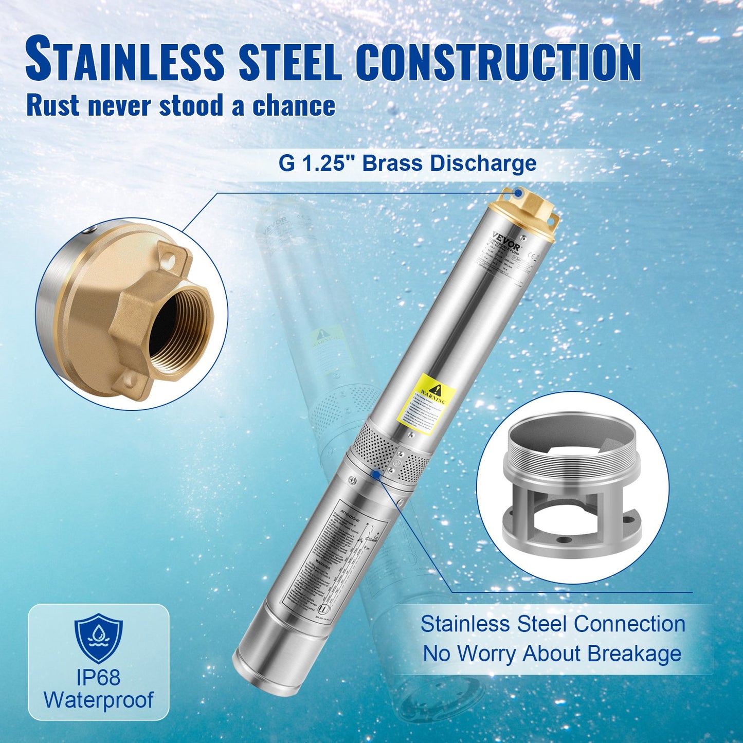 Dränkbar djupbrunnspump, 750W 230V/50Hz, 100L/min 66 m huvud, sandbeständig <5%, 20 m elkabel, 7,6 cm vattenpumpar i rostfritt stål för industri, bevattning och hemmabruk, IP68 vattentät