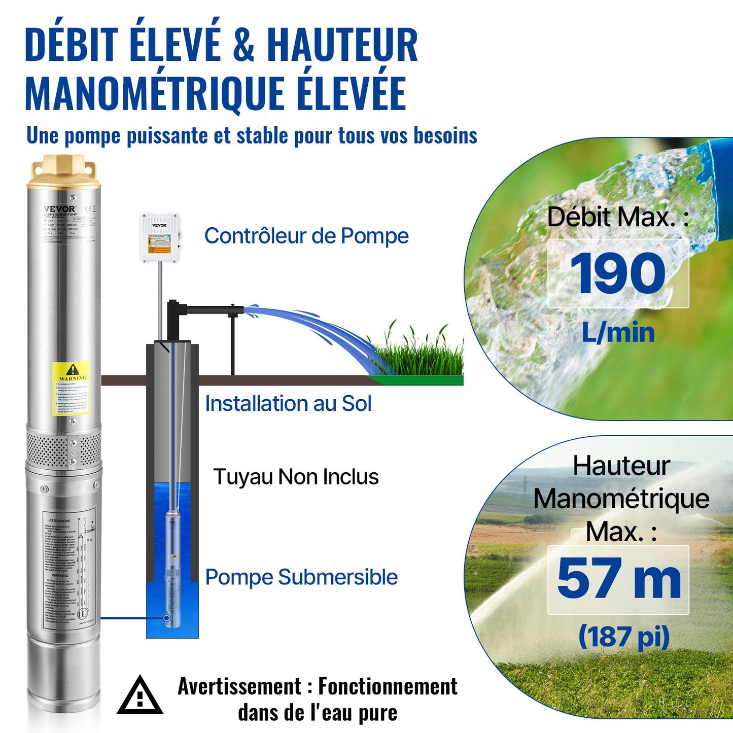 Dränkbar djupbrunnspump, 1100W 230V/50Hz, 190L/min 57 m tryckhöjd, med 20 m sladd och extern kontrollbox, 10,2 cm vattenpumpar i rostfritt stål för industriellt bruk, bevattning och hemmabruk, IP68 vattentät